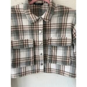 **SHEIN**Flannel Cropped Top Button-Up Green & Gray Plaid Women's Size Large
